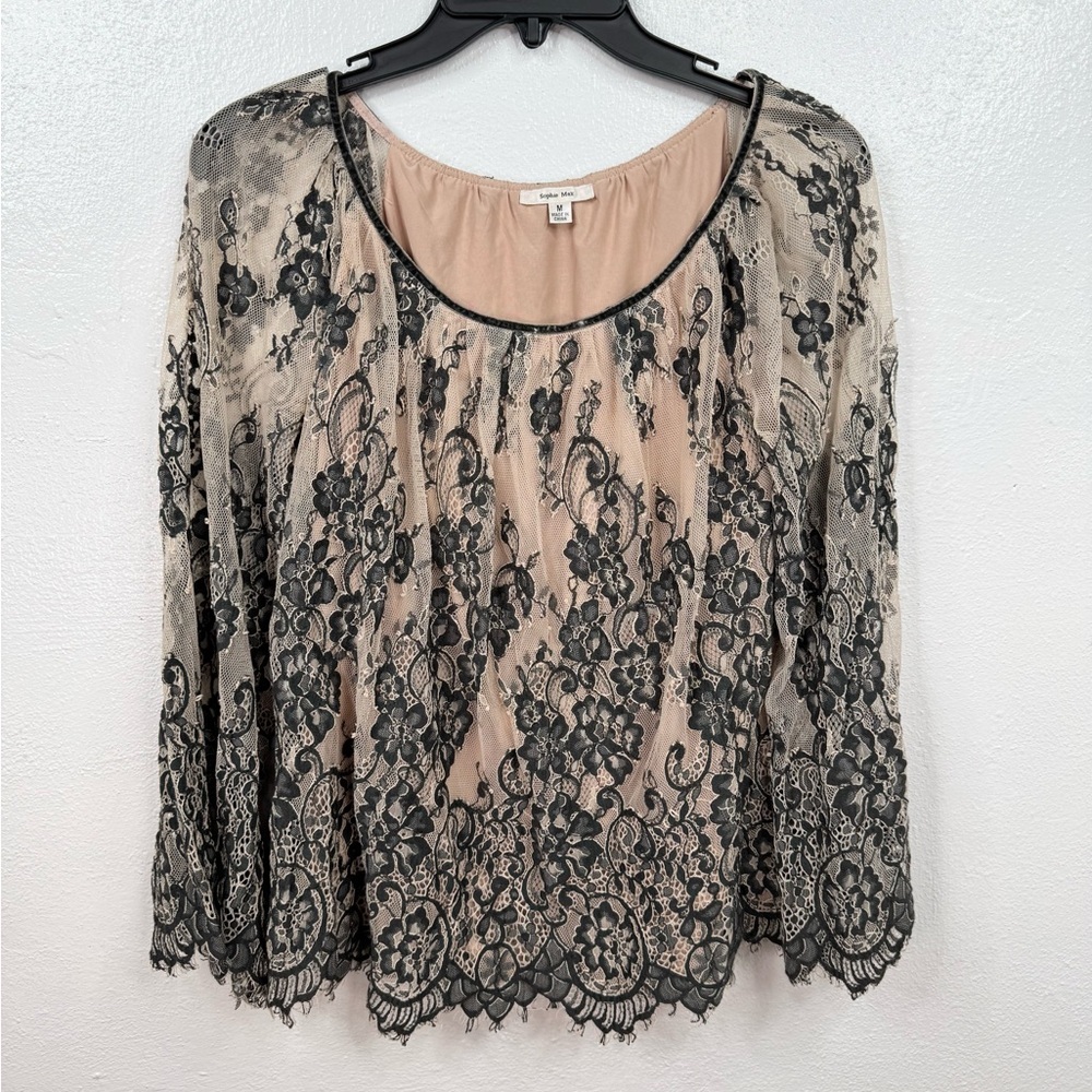 Sophie Max Blouse Womens M Dark Gray  Floral Lace Overlay Nude Lined Scoop Neck